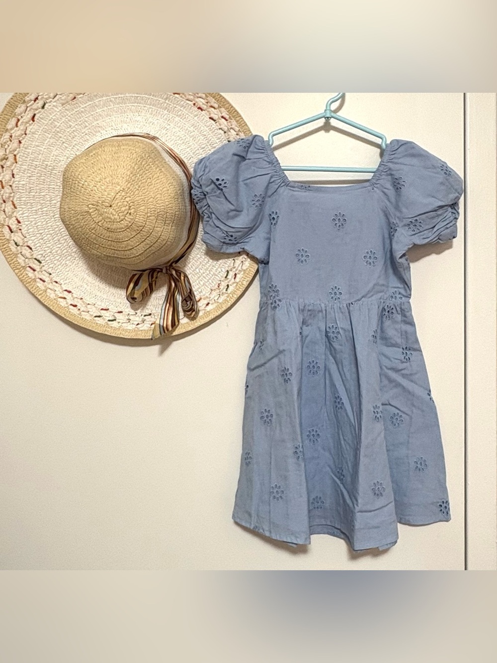 Light Blue Eyelet Puff-Sleeve Kids Dress NWT